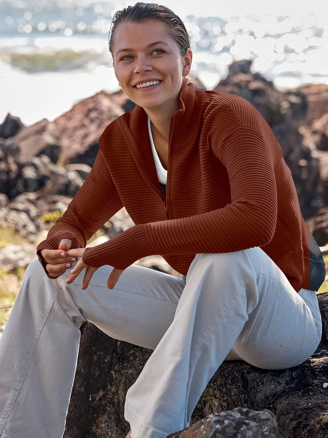 ANRABESS Women's 2025 Fall Long Sleeve Half Zip Casual Oversized Ribbed Knit Pullover Sweater Top Thumb Hole Trendy Outfits