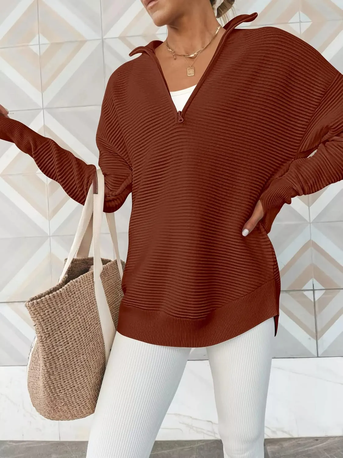 ANRABESS Women's 2025 Fall Long Sleeve Half Zip Casual Oversized Ribbed Knit Pullover Sweater Top Thumb Hole Trendy Outfits