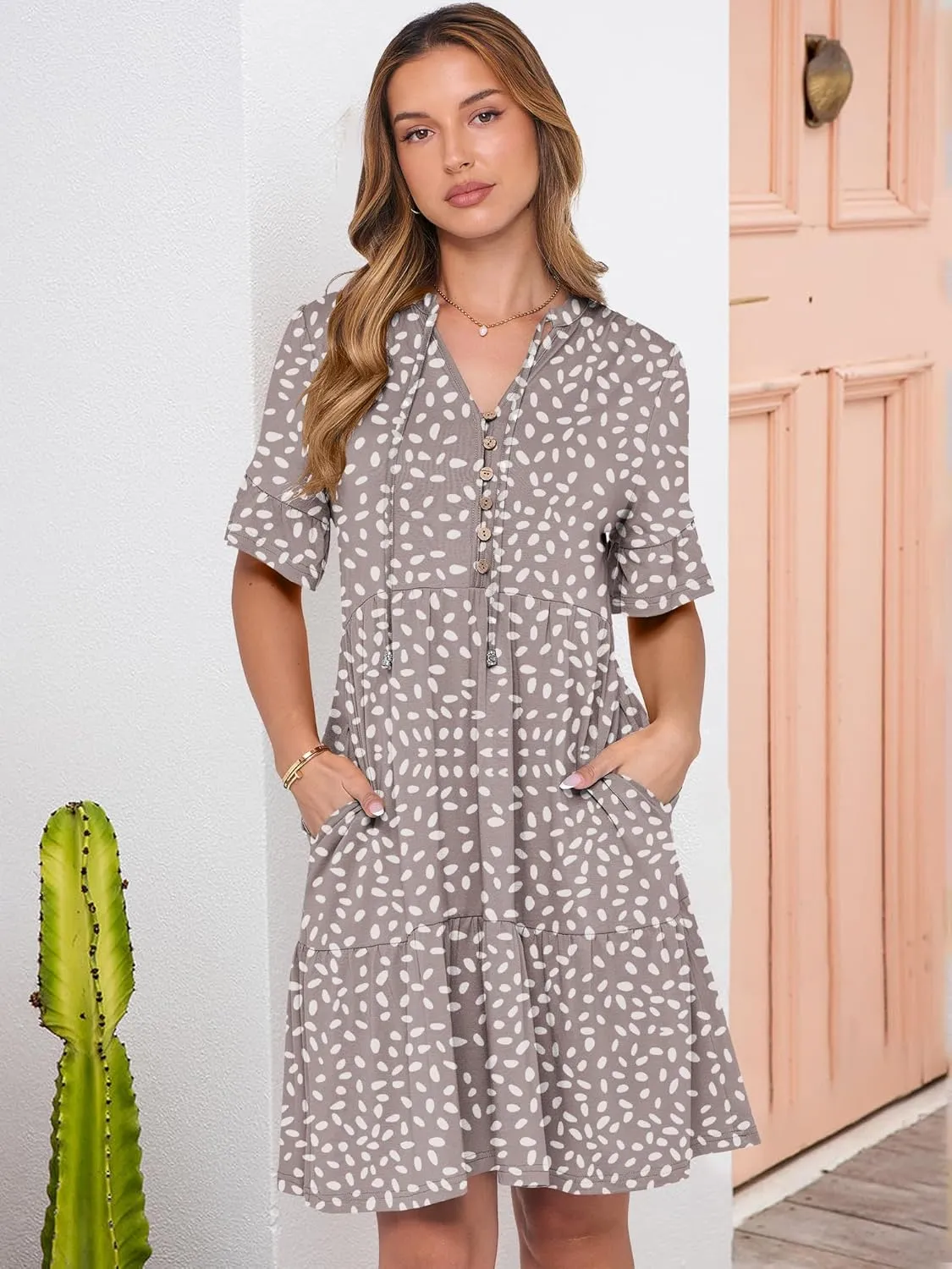 ANRABESS Womens Summer Casual Button Down Mini Dress Ruffle Short Sleeve V Neck Flowy A Line Tiered Beach Vacation Dresses