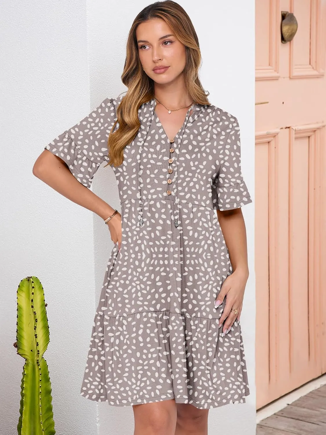 ANRABESS Womens Summer Casual Button Down Mini Dress Ruffle Short Sleeve V Neck Flowy A Line Tiered Beach Vacation Dresses