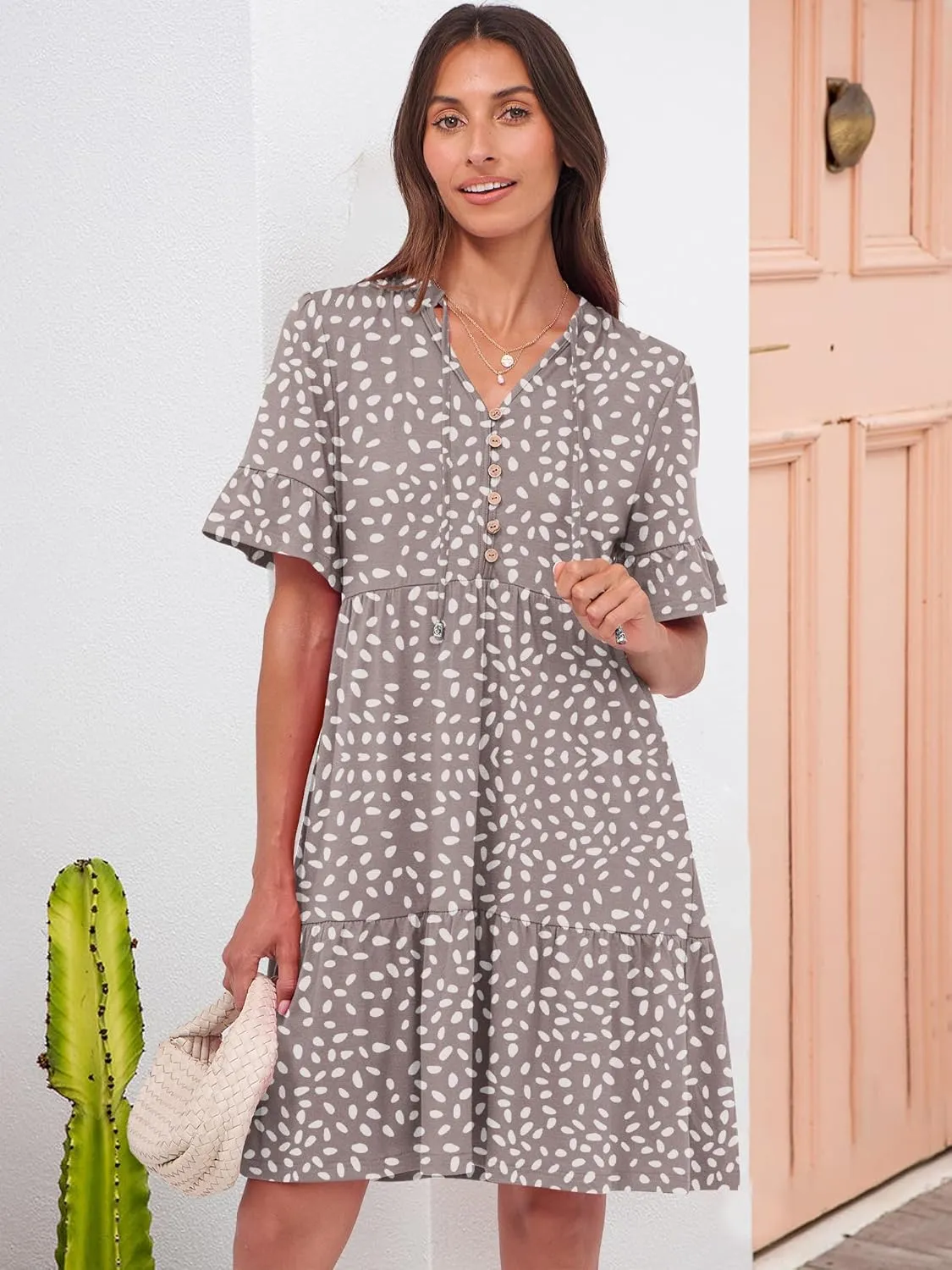 ANRABESS Womens Summer Casual Button Down Mini Dress Ruffle Short Sleeve V Neck Flowy A Line Tiered Beach Vacation Dresses