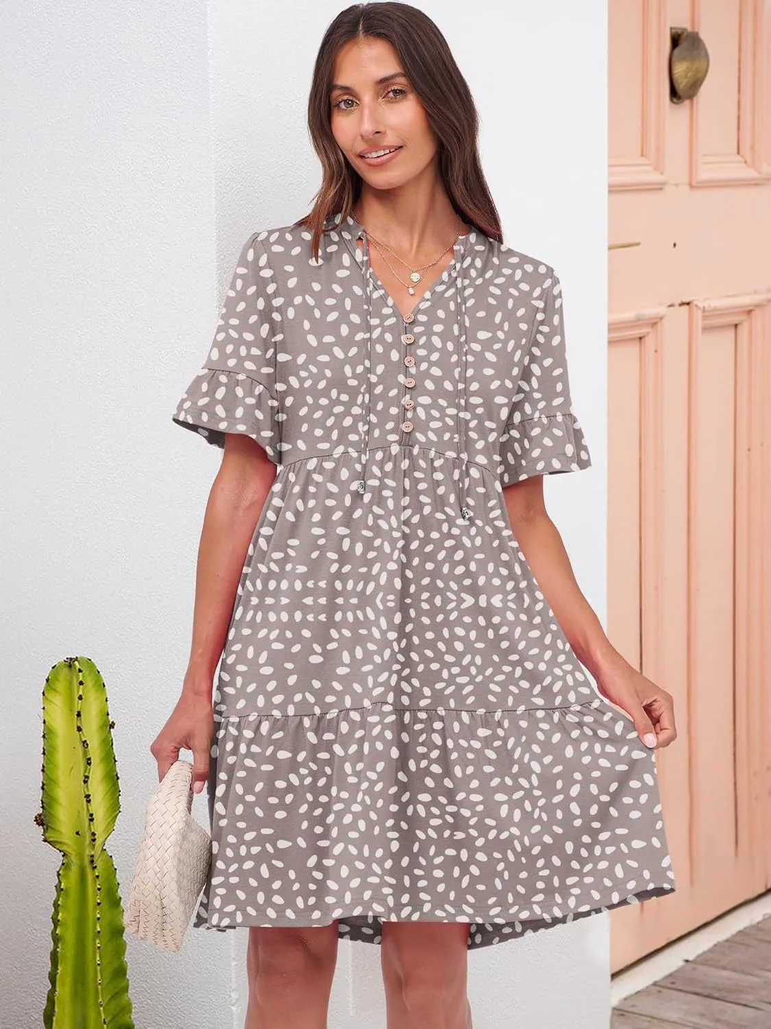 ANRABESS Womens Summer Casual Button Down Mini Dress Ruffle Short Sleeve V Neck Flowy A Line Tiered Beach Vacation Dresses
