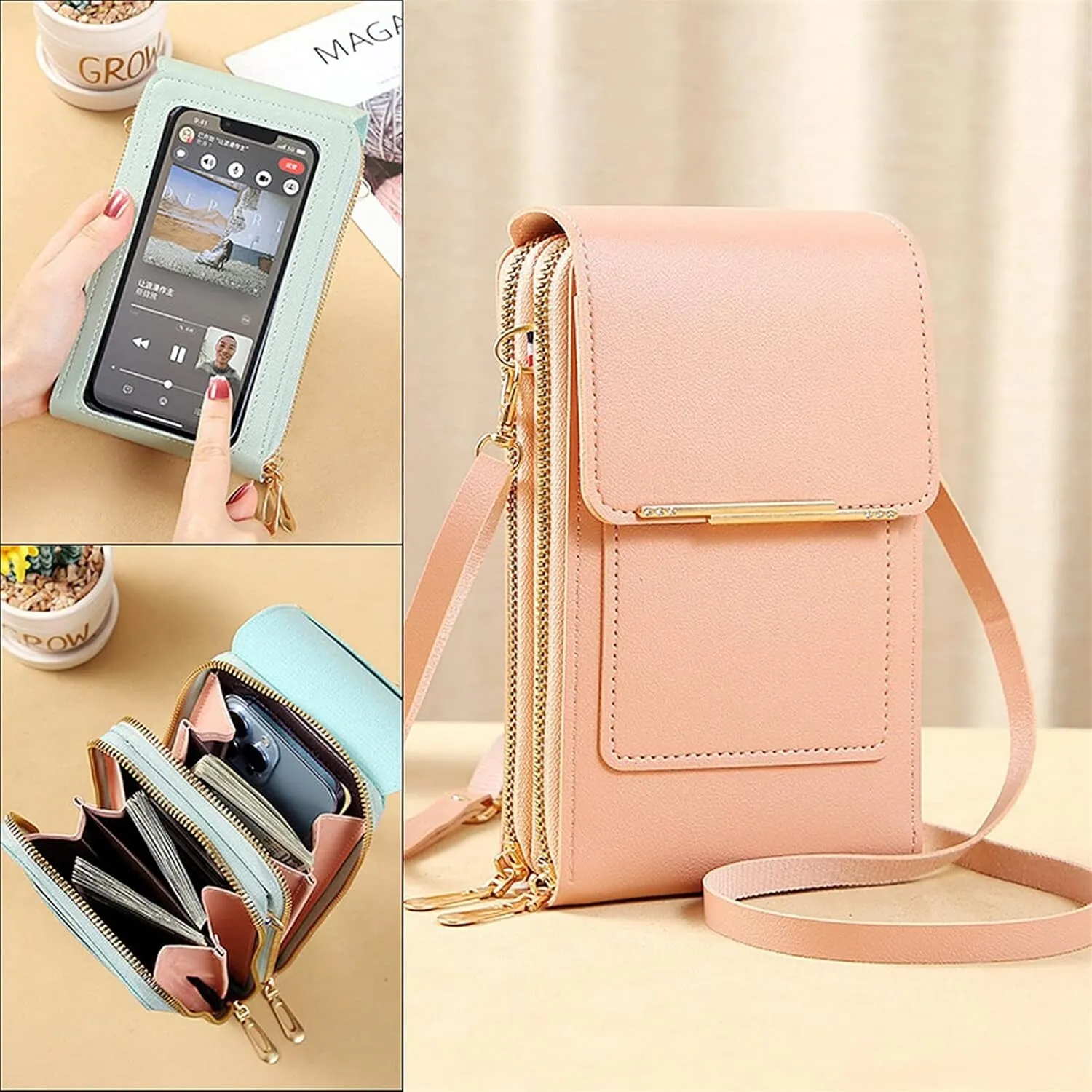 Anti-theft Leather Bag, Phone Crossbody Bags for Women, Touchscreen Phone Wallet PU Leather Crossbody Bag