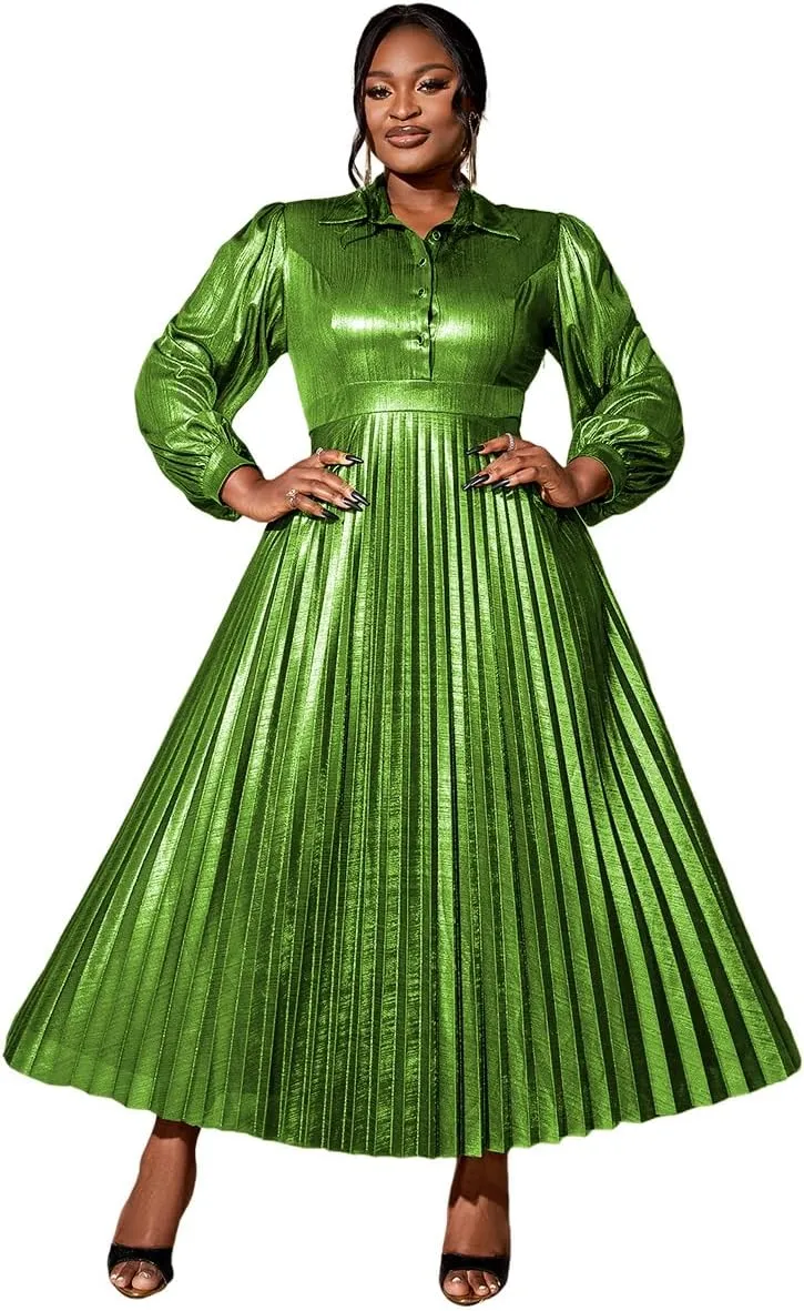AOMEI Women's Metallic Collar Button Down Elegant Pleated Work Dress Lantern Sleeve High Waist Casual Maxi Dresses for Women