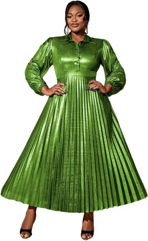 AOMEI Women's Metallic Collar Button Down Elegant Pleated Work Dress Lantern Sleeve High Waist Casual Maxi Dresses for Women
