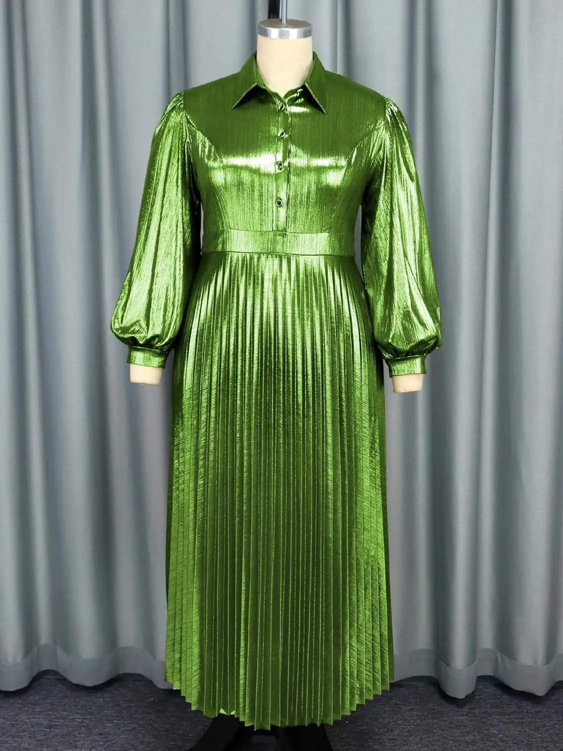 AOMEI Women's Metallic Collar Button Down Elegant Pleated Work Dress Lantern Sleeve High Waist Casual Maxi Dresses for Women