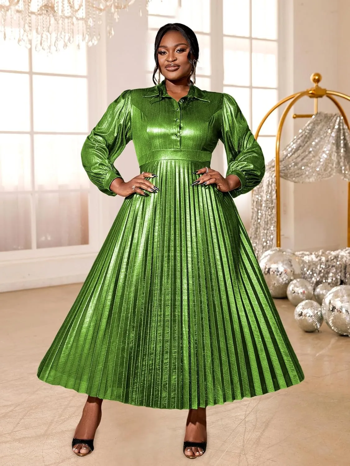 AOMEI Women's Metallic Collar Button Down Elegant Pleated Work Dress Lantern Sleeve High Waist Casual Maxi Dresses for Women