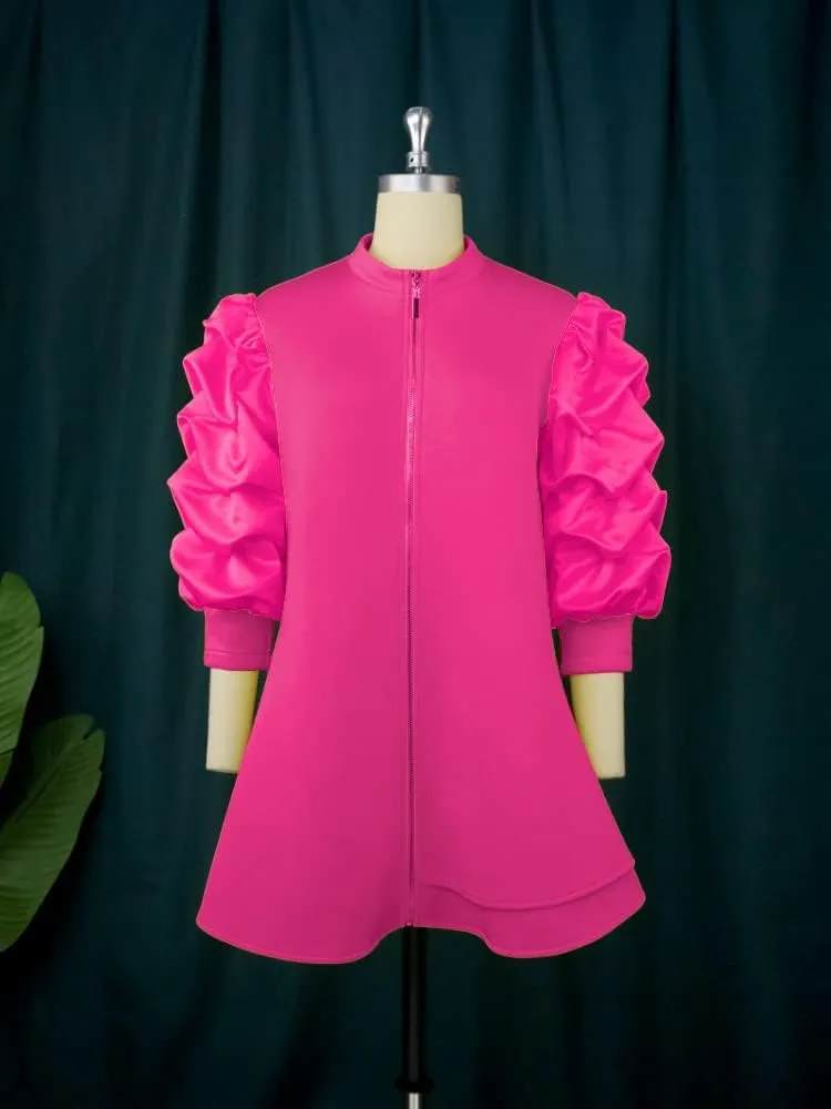 AOMEI Women's Stand Collar Pleated Sleeve Front Zipper Loose Casual Mini Dress