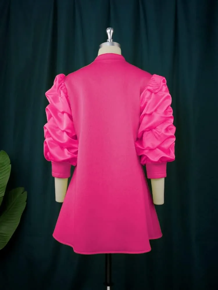 AOMEI Women's Stand Collar Pleated Sleeve Front Zipper Loose Casual Mini Dress