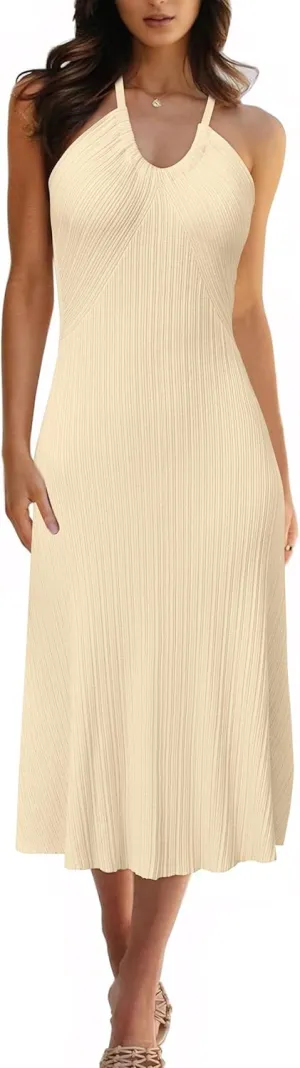 Arach&Cloz Women's Summer Dress 2025 Halter V Neck Sleeveless Ribbed Knit Casual Beach Vacation Outfits Midi Sundress
