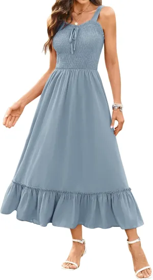 Arolina Women's Summer Floral Boho Dress 2025 Square Neck Maxi Dresses Solid Color Ruffle Beach Vacation Long Sundress