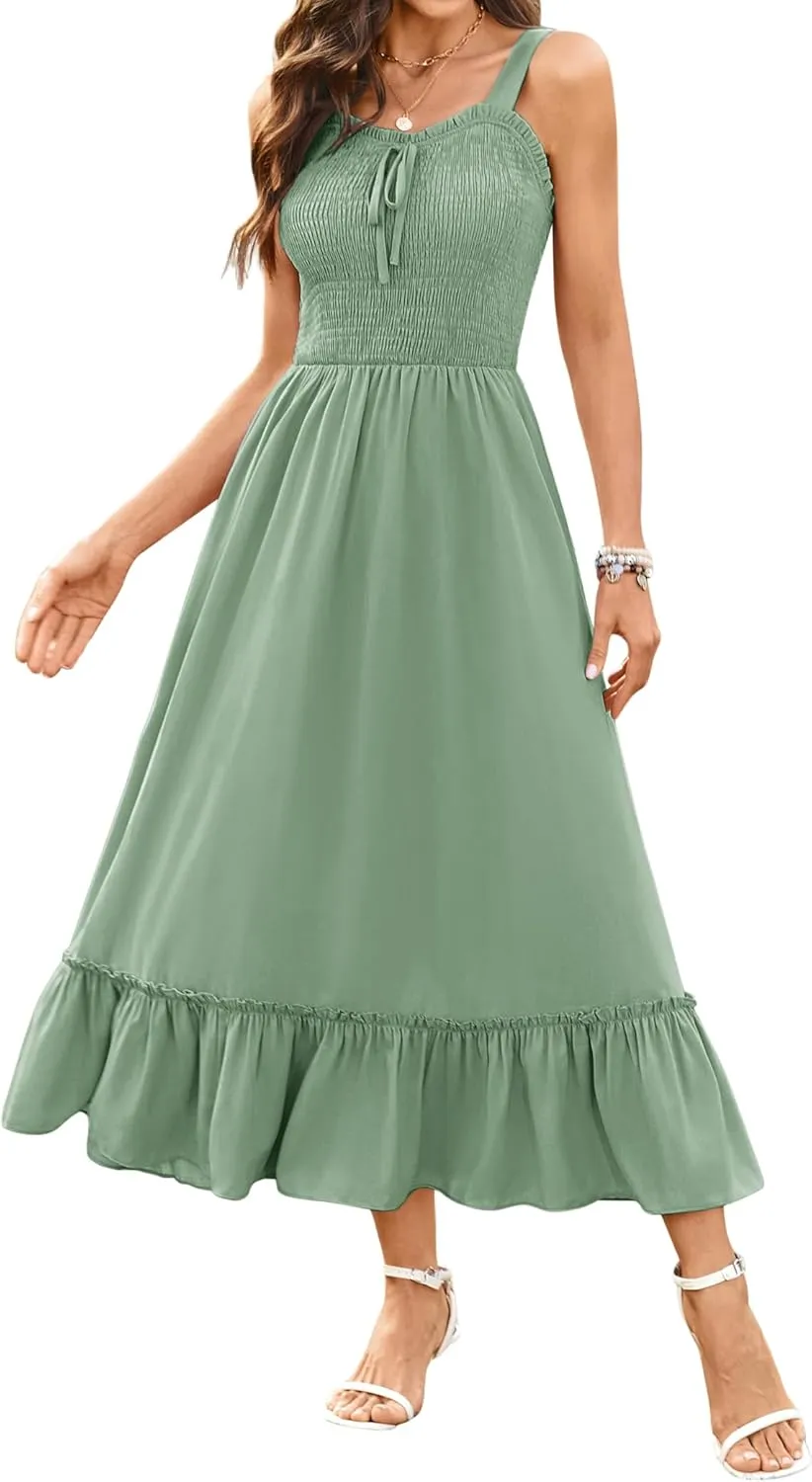 Arolina Women's Summer Floral Boho Dress 2025 Square Neck Maxi Dresses Solid Color Ruffle Beach Vacation Long Sundress