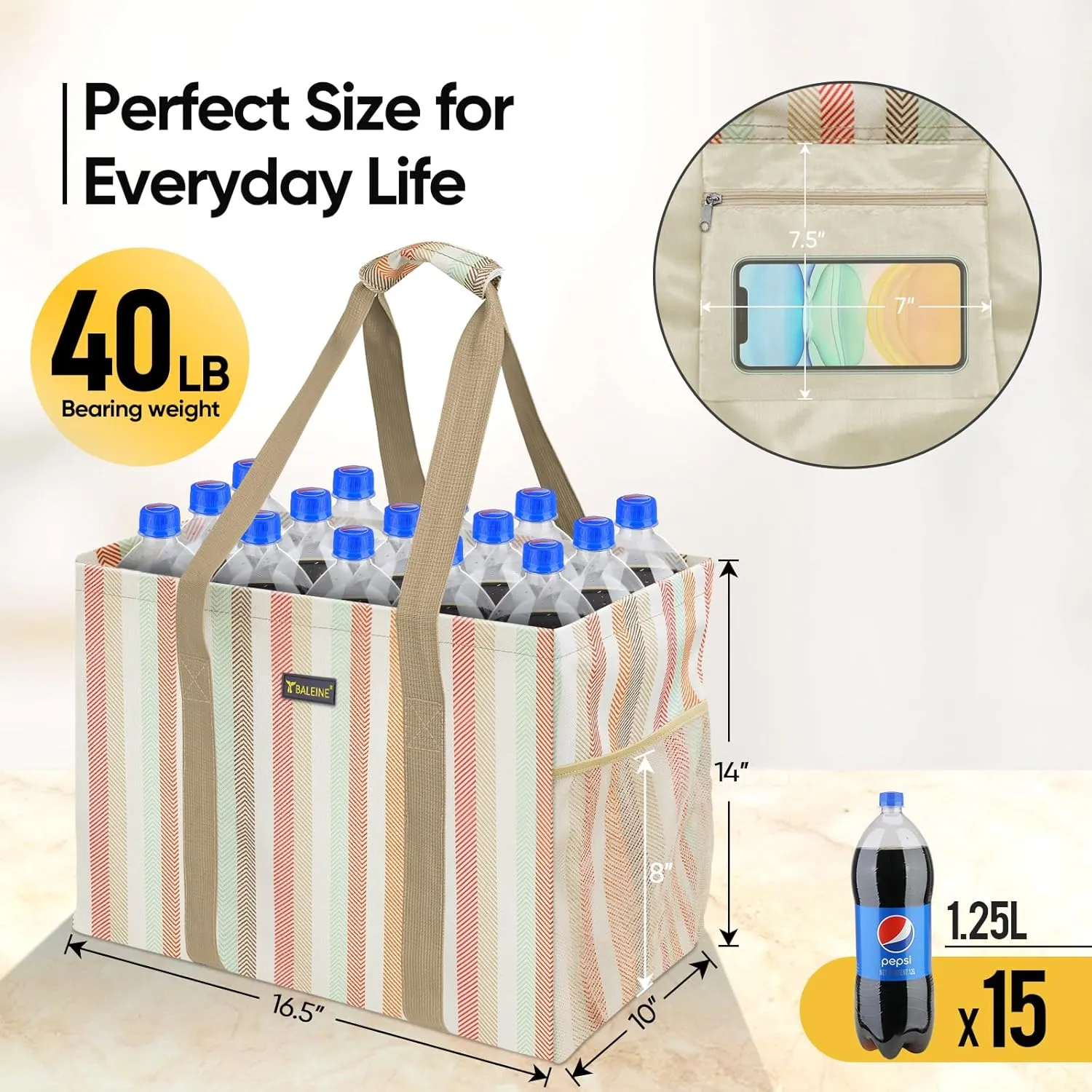 BALEINE Extra Large Utility Tote Bag with Wire Frame for Storage (Color Strip, 16.5''x14''x10'')