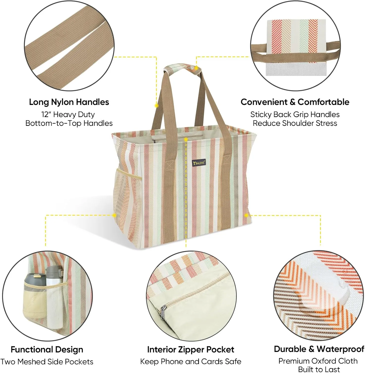 BALEINE Extra Large Utility Tote Bag with Wire Frame for Storage (Color Strip, 16.5''x14''x10'')