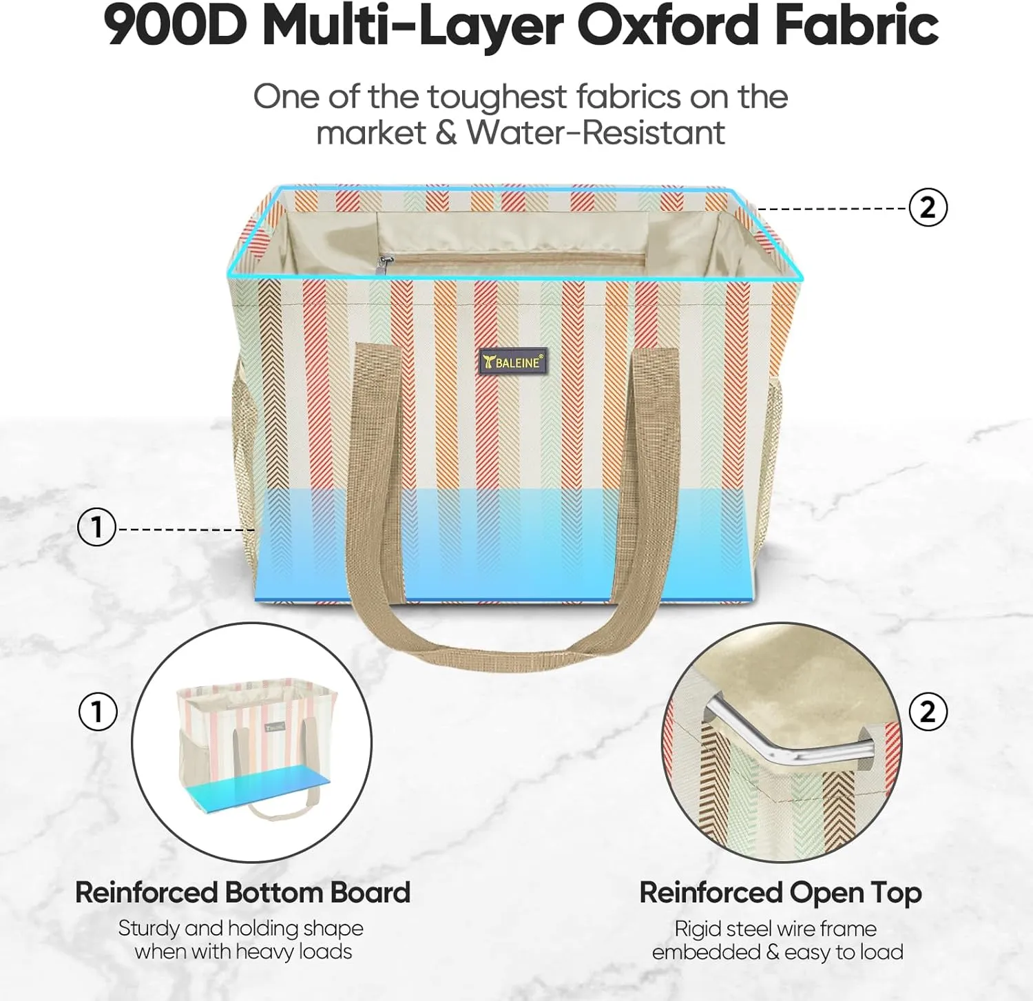 BALEINE Extra Large Utility Tote Bag with Wire Frame for Storage (Color Strip, 16.5''x14''x10'')