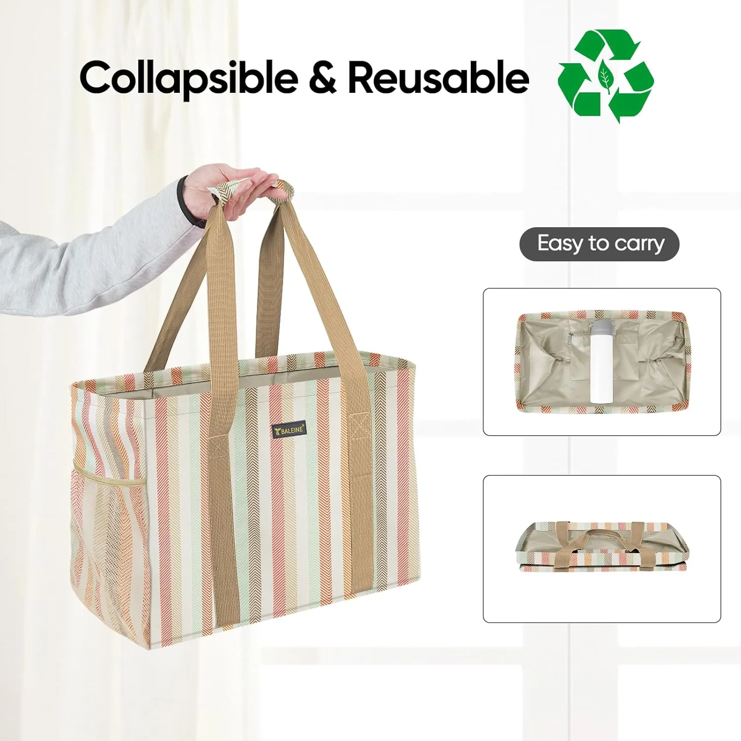BALEINE Extra Large Utility Tote Bag with Wire Frame for Storage (Color Strip, 16.5''x14''x10'')