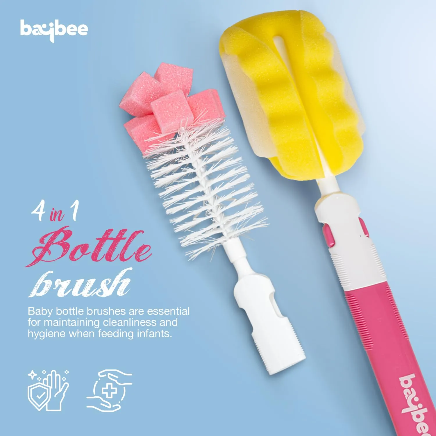 BAYBEE 4 in 1 Nylon Bristles Baby Feeding Bottles & Nipple Cleaning Brush Easy Grip 360° Rotating Long Handle