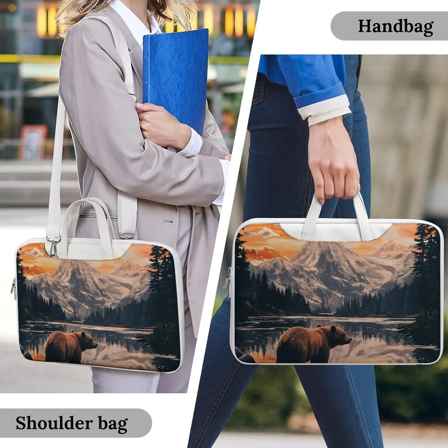 Bear Snow Mountain Sunset Leather Bag Laptop Case Slim Water Resistant Computer Bags with Handle Briefcase for Work
