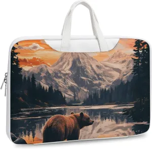 Bear Snow Mountain Sunset Leather Bag Laptop Case Slim Water Resistant Computer Bags with Handle Briefcase for Work