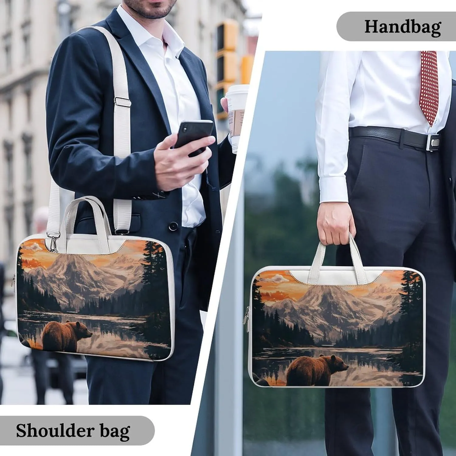 Bear Snow Mountain Sunset Leather Bag Laptop Case Slim Water Resistant Computer Bags with Handle Briefcase for Work