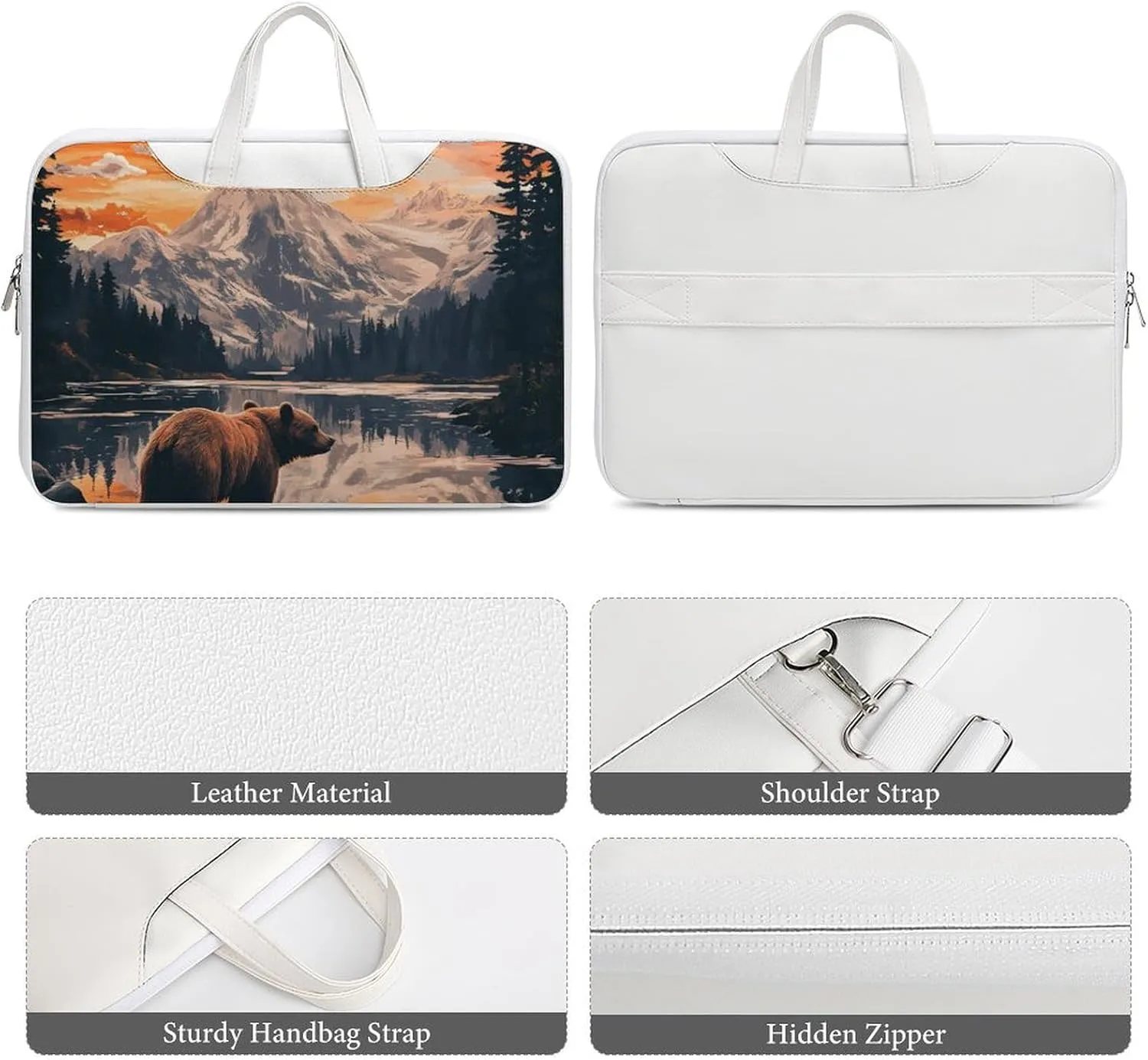Bear Snow Mountain Sunset Leather Bag Laptop Case Slim Water Resistant Computer Bags with Handle Briefcase for Work
