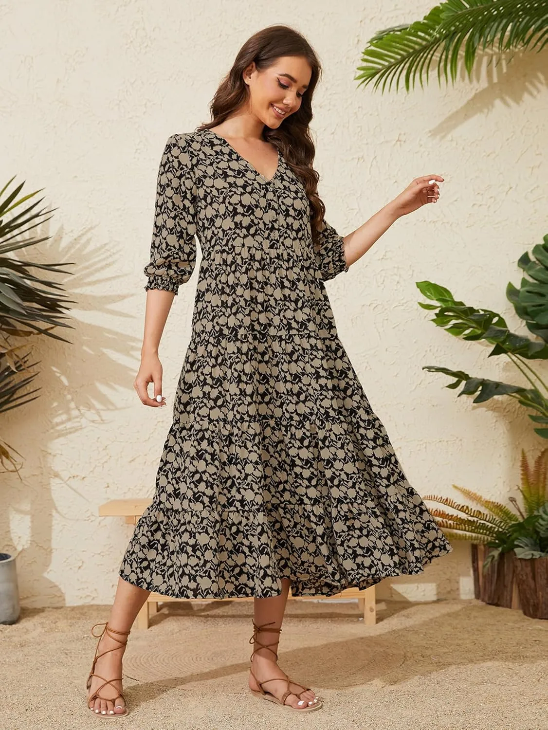 Beautiful Nomad Women's Casual V Neck Boho Dress Puff Sleeve High Waist Floral Smocked Flowy Ruffle Midi Dresses