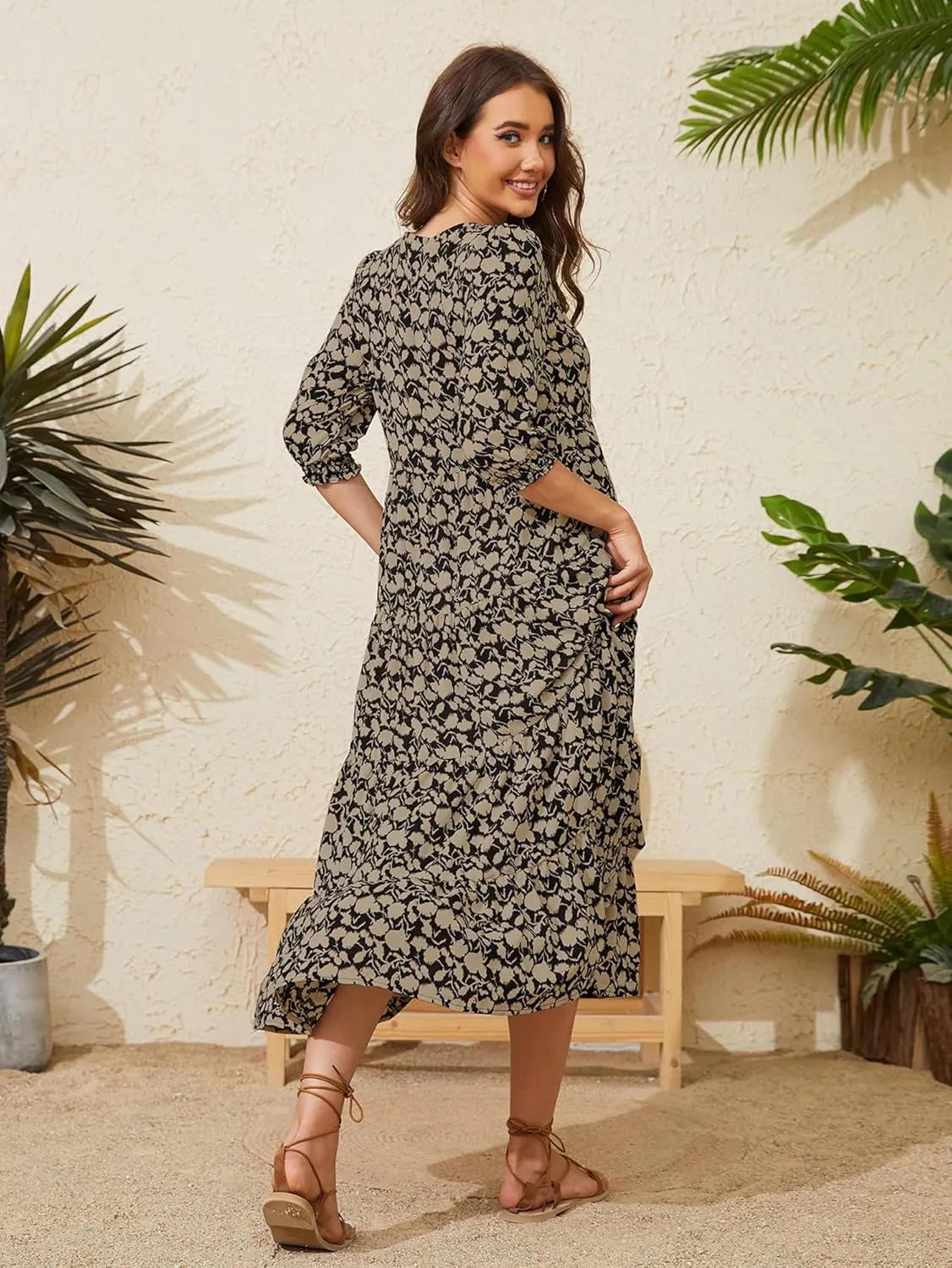 Beautiful Nomad Women's Casual V Neck Boho Dress Puff Sleeve High Waist Floral Smocked Flowy Ruffle Midi Dresses