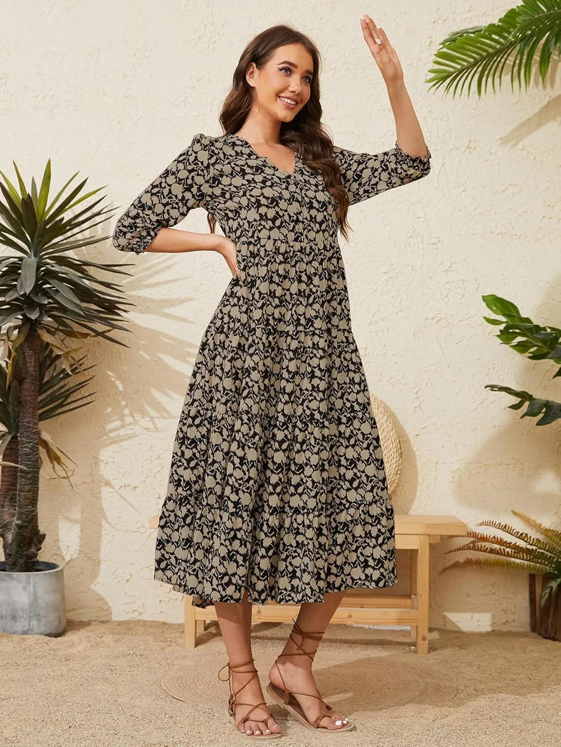 Beautiful Nomad Women's Casual V Neck Boho Dress Puff Sleeve High Waist Floral Smocked Flowy Ruffle Midi Dresses