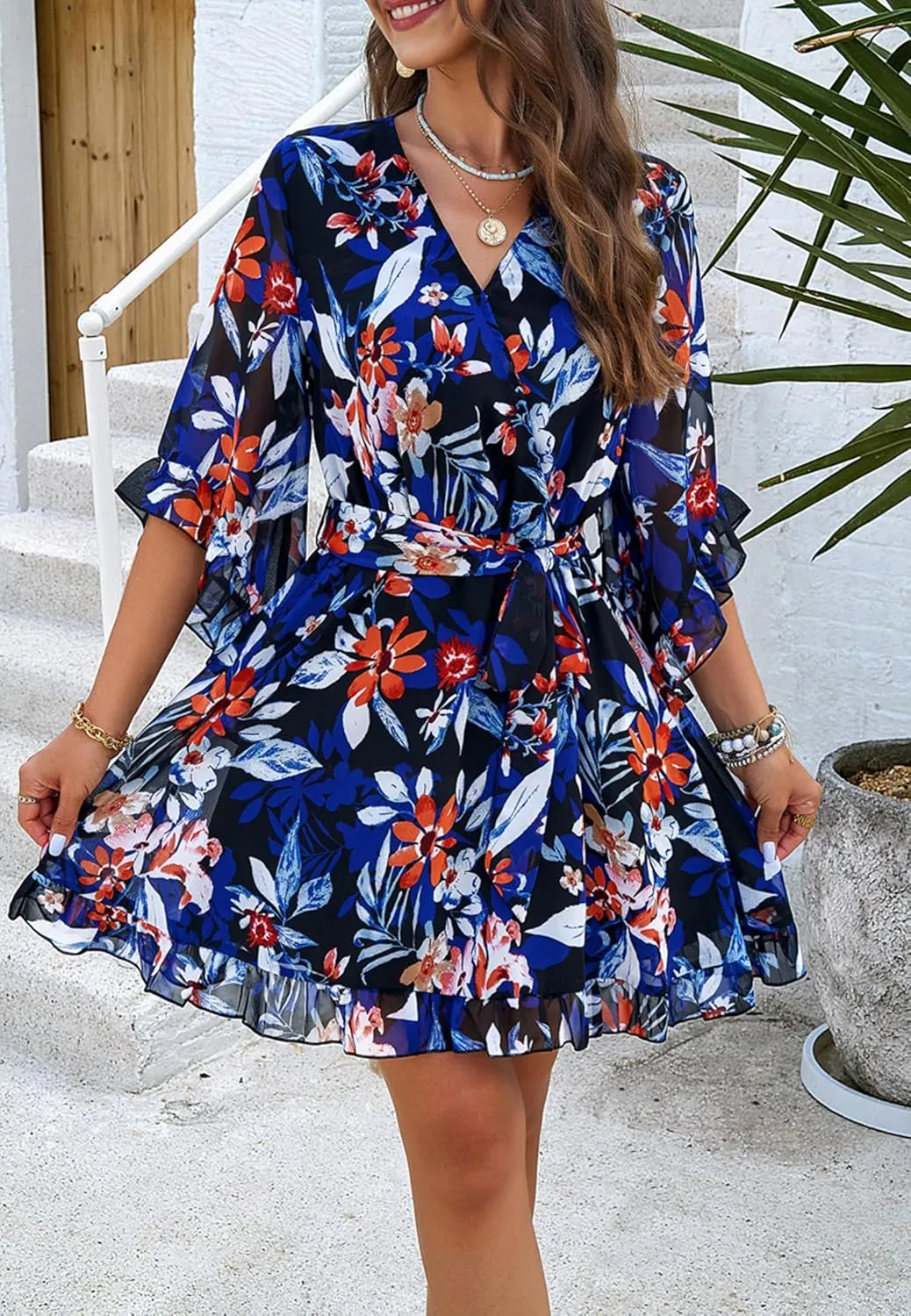Beautiful Nomad Women's Summer V Neck Dress Casual Flowy Floral Elegant Mini Short Swing Skater Dresses
