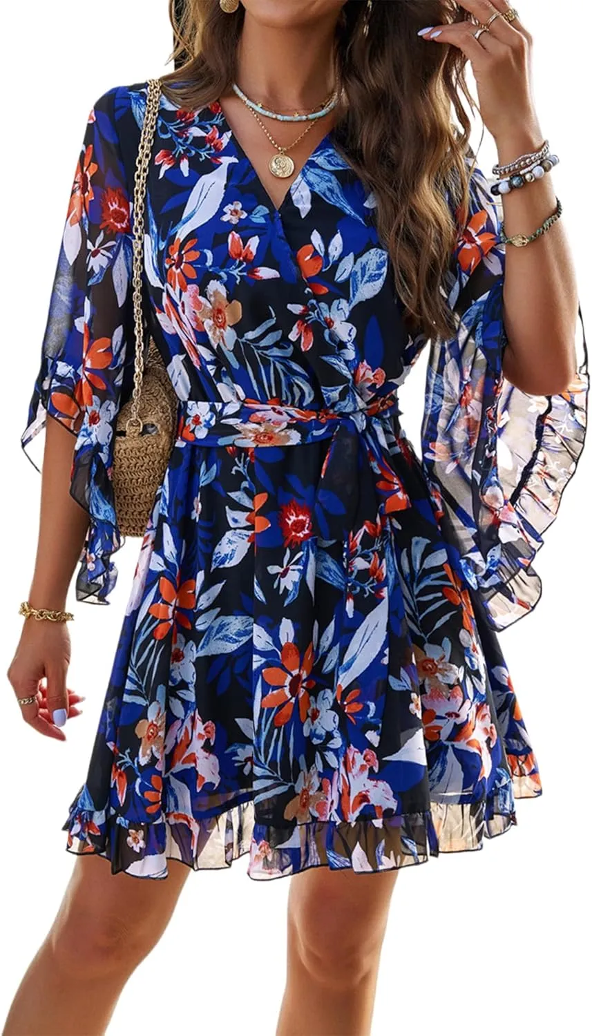 Beautiful Nomad Women's Summer V Neck Dress Casual Flowy Floral Elegant Mini Short Swing Skater Dresses