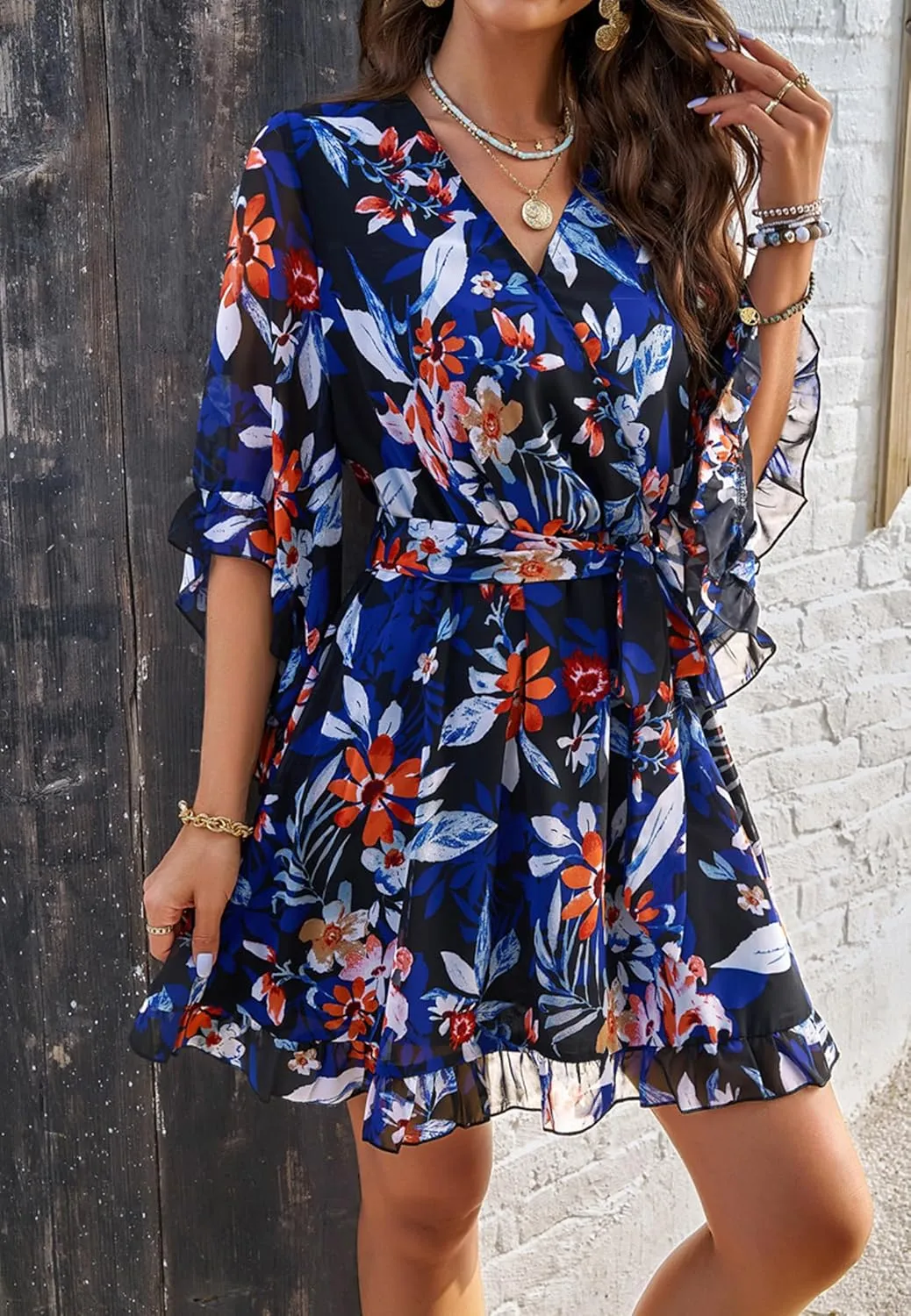 Beautiful Nomad Women's Summer V Neck Dress Casual Flowy Floral Elegant Mini Short Swing Skater Dresses