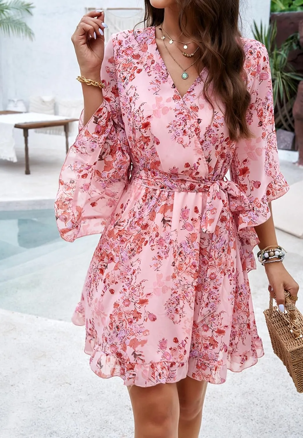 Beautiful Nomad Women's Summer V Neck Dress Casual Flowy Floral Elegant Mini Short Swing Skater Dresses