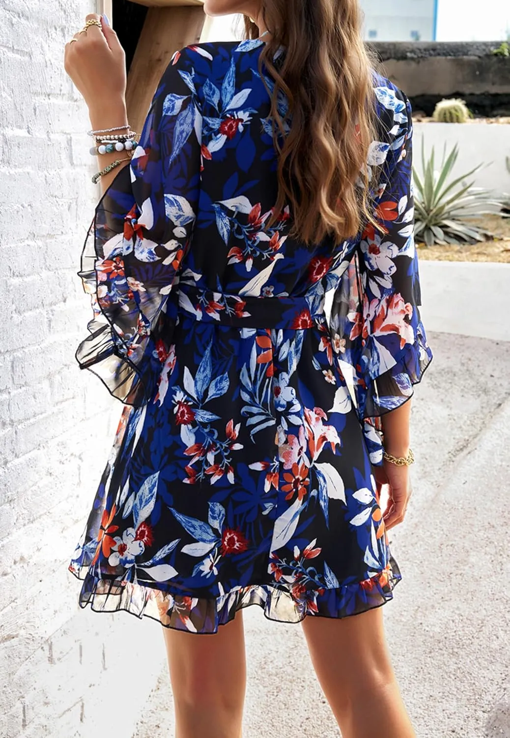 Beautiful Nomad Women's Summer V Neck Dress Casual Flowy Floral Elegant Mini Short Swing Skater Dresses