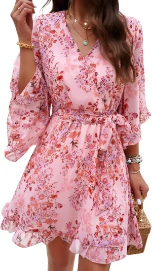 Beautiful Nomad Women's Summer V Neck Dress Casual Flowy Floral Elegant Mini Short Swing Skater Dresses