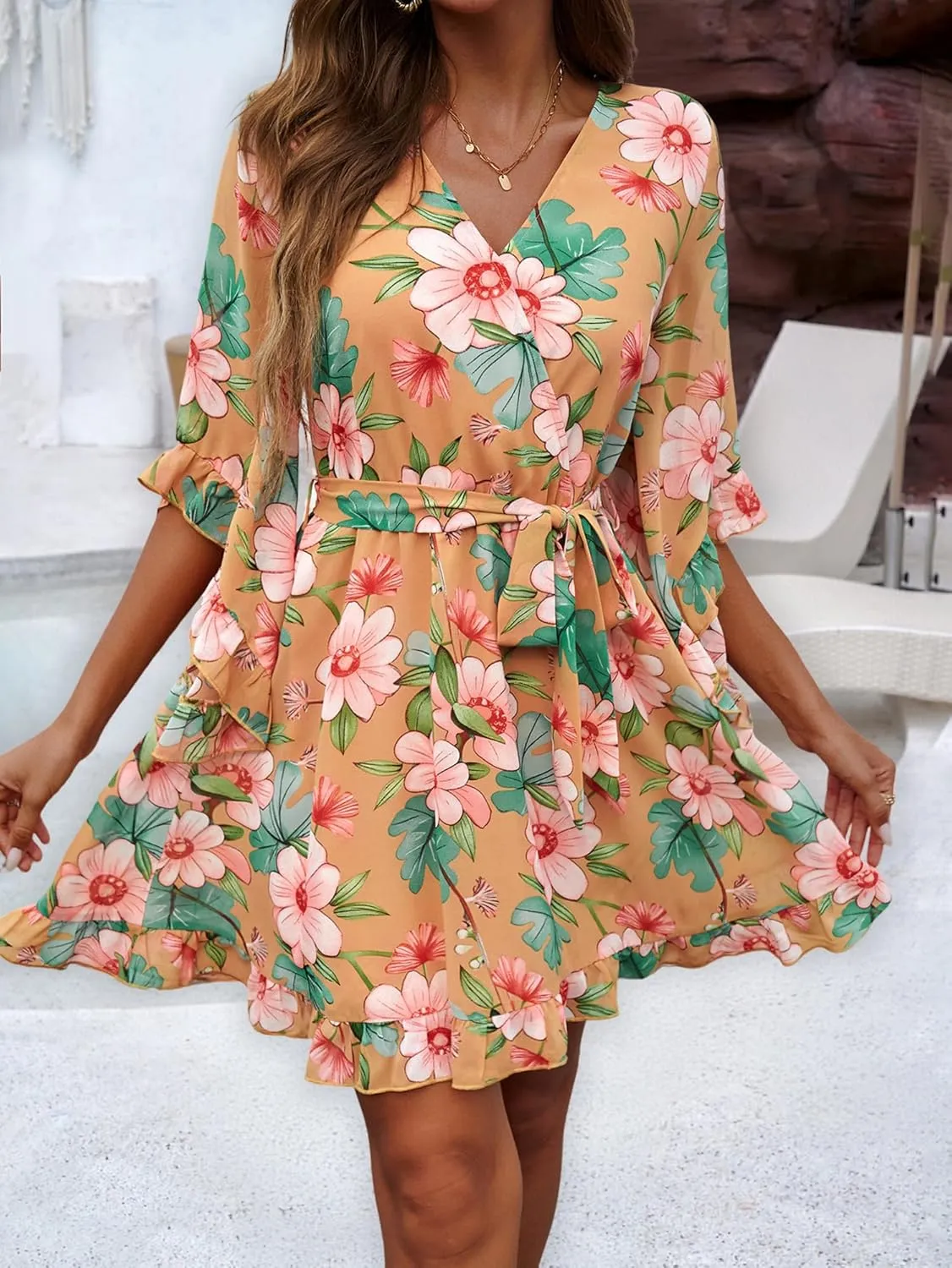 Beautiful Nomad Women's Summer V Neck Dress Casual Flowy Floral Elegant Mini Short Swing Skater Dresses