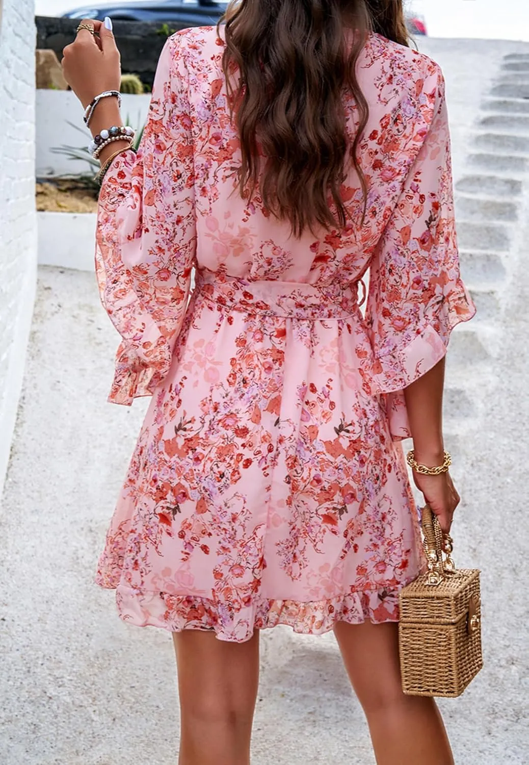 Beautiful Nomad Women's Summer V Neck Dress Casual Flowy Floral Elegant Mini Short Swing Skater Dresses