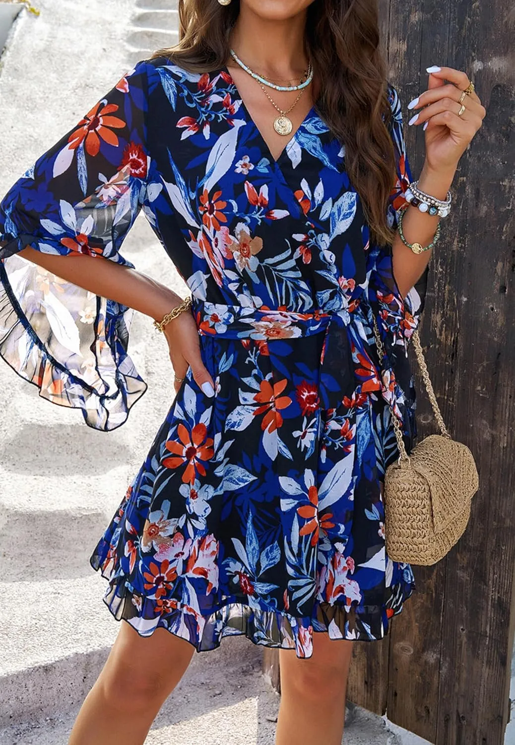 Beautiful Nomad Women's Summer V Neck Dress Casual Flowy Floral Elegant Mini Short Swing Skater Dresses
