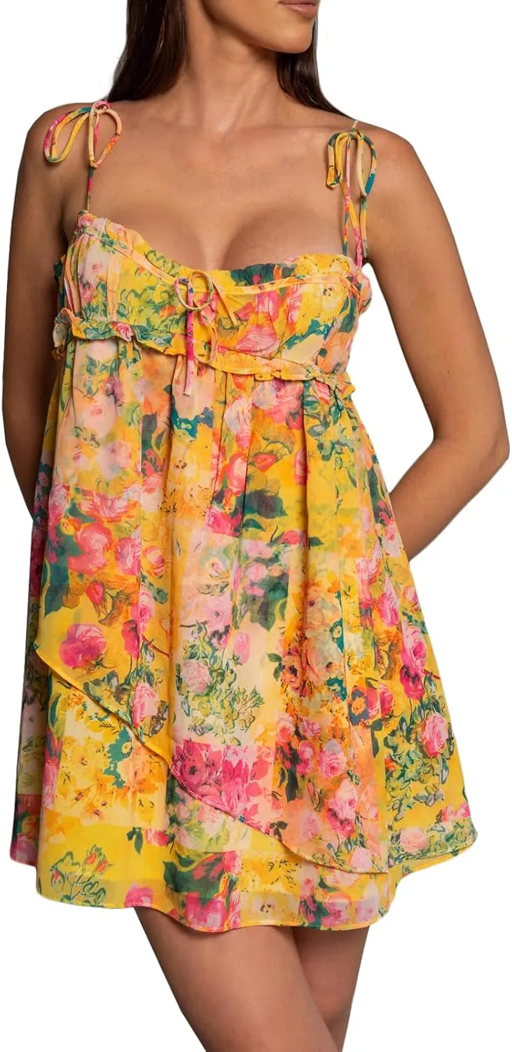 Boho Floral Mini Dress Women Flowy Babydoll Short Dress Teen Girls Cute Y2k Yellow Flower Summer Dresses