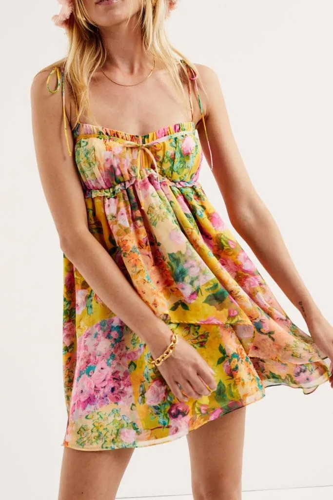 Boho Floral Mini Dress Women Flowy Babydoll Short Dress Teen Girls Cute Y2k Yellow Flower Summer Dresses