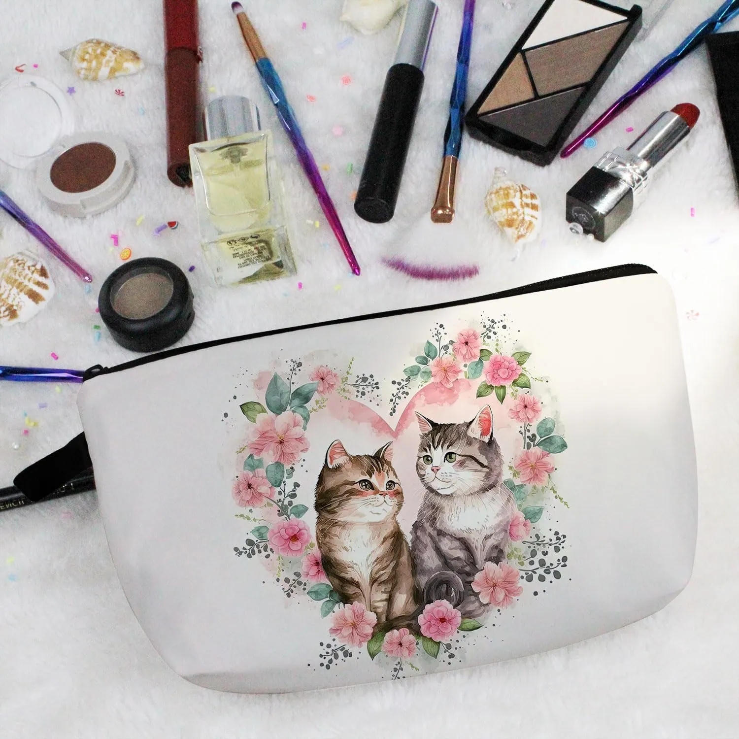 Cartoon Cat Makeup Bag Cute Small Organizer Bag Travel Toiletry Zipper Pouch Cartoon Cat Cosmetic Bag Birthday Love Present for Cat Lovers Women Friends BFF