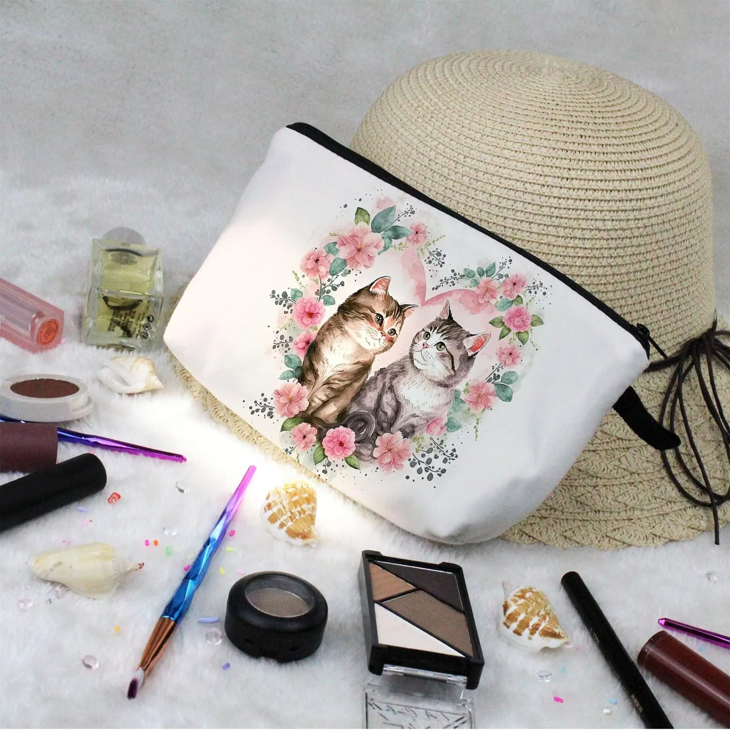 Cartoon Cat Makeup Bag Cute Small Organizer Bag Travel Toiletry Zipper Pouch Cartoon Cat Cosmetic Bag Birthday Love Present for Cat Lovers Women Friends BFF