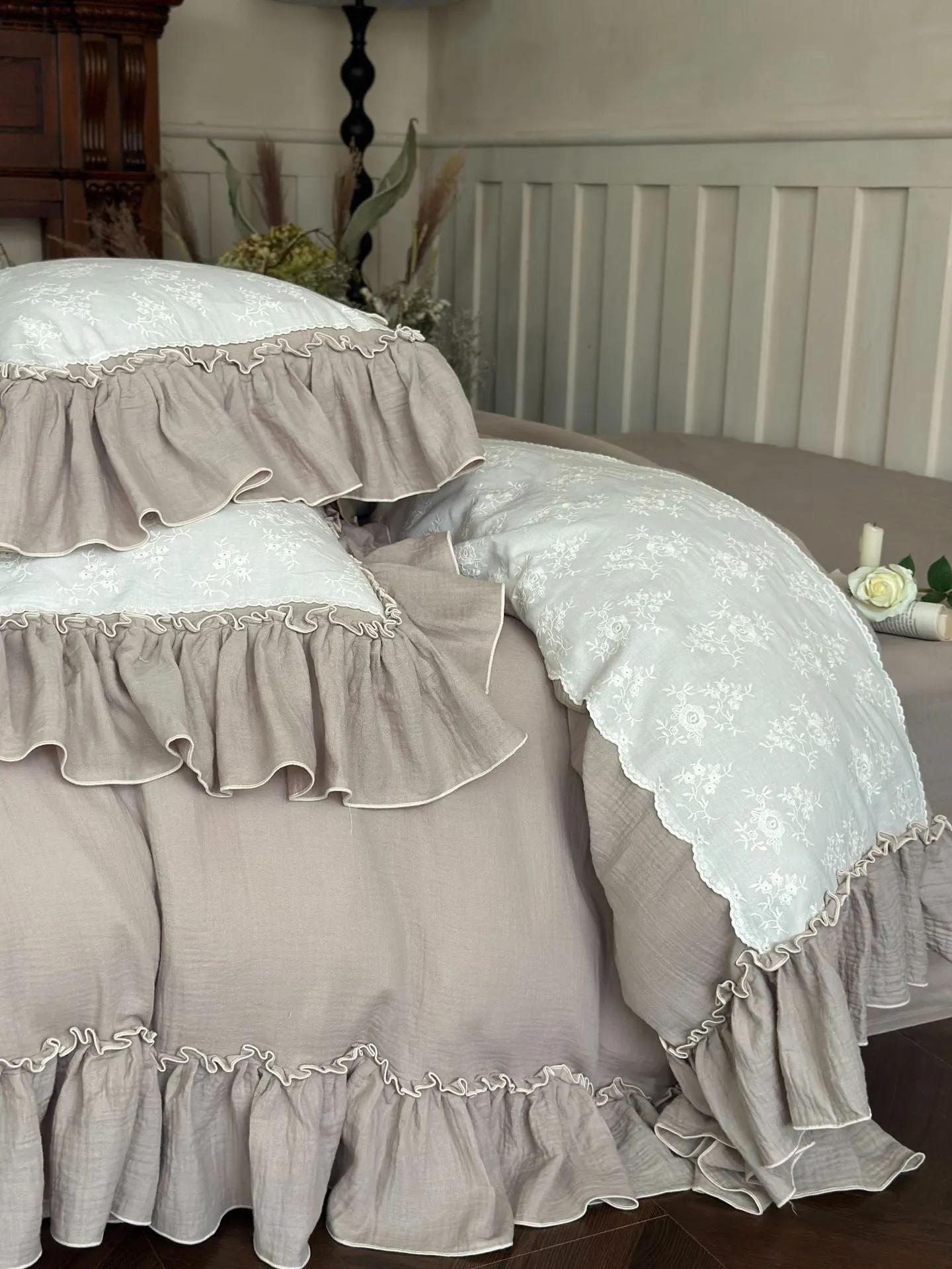Celeste Soft Lace Embroidered Ruffle Bedding Set  / Coffee Brown