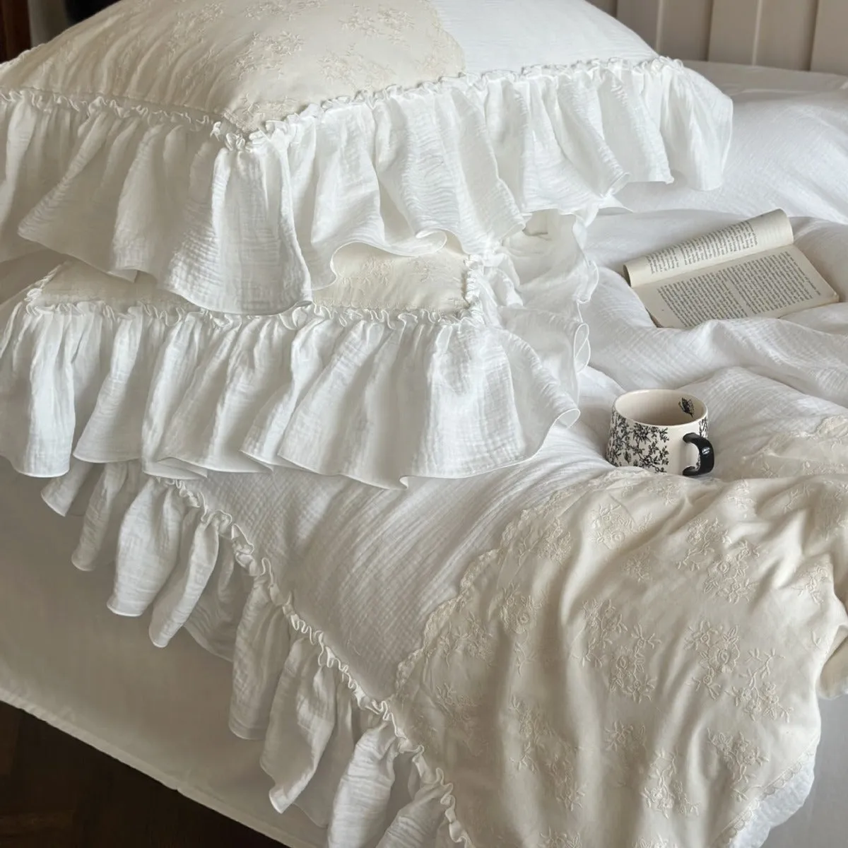 Celeste Soft Lace Embroidered Ruffle Bedding Set  / Coffee Brown