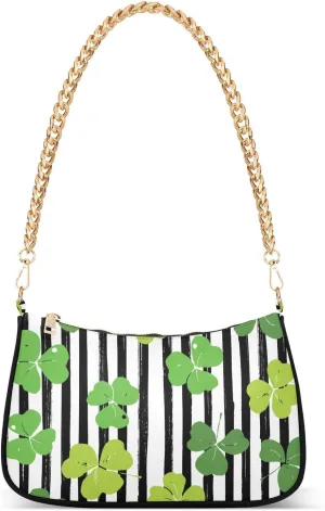 Clover Leaf Stripe Shoulder Handbags for Women Travel Hobo Tote Handbag Women Gold Chain Shoulder Bags Purse with Zipper Closure