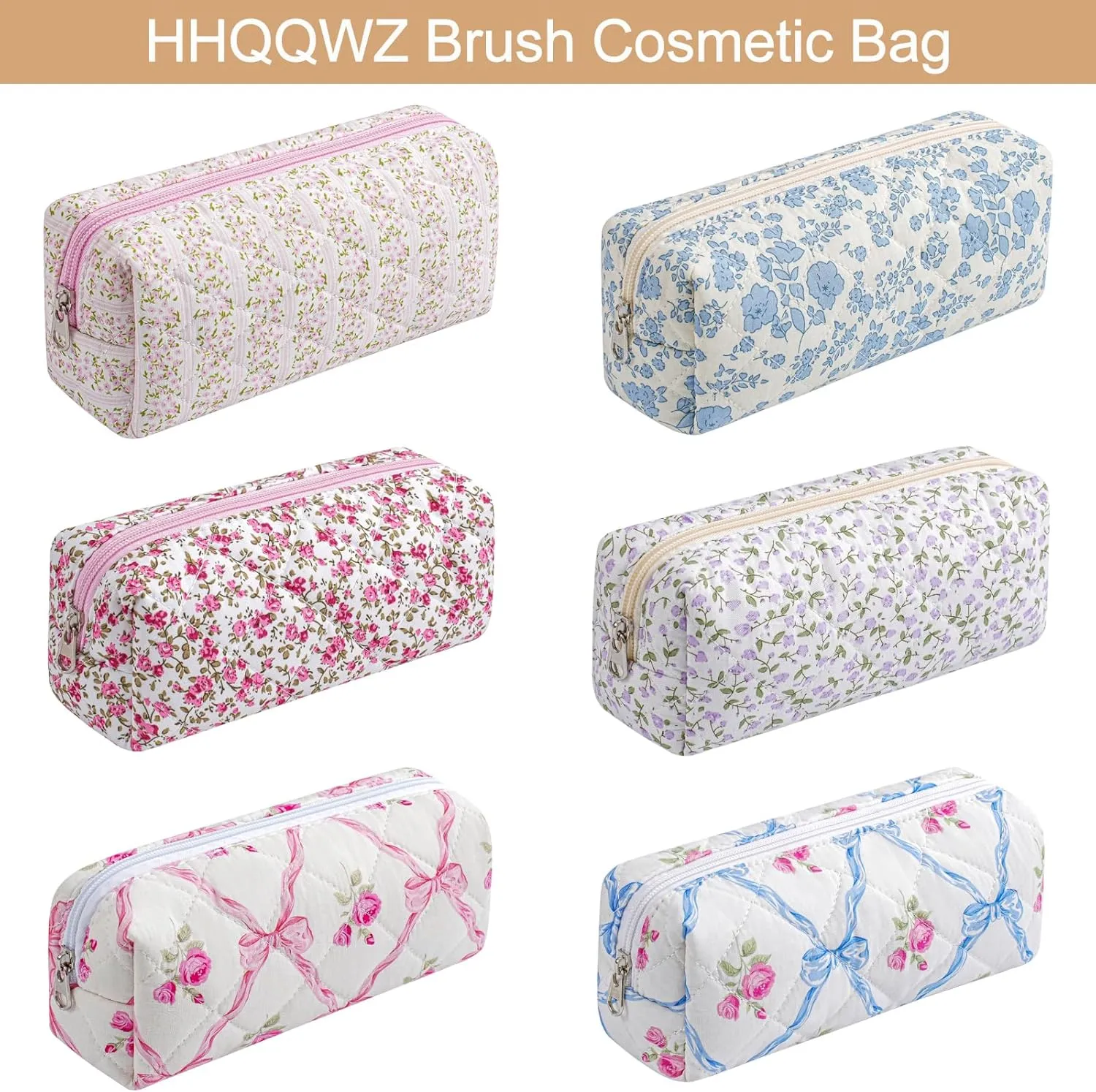 Cute Floral Cotton Makeup Brush Cosmetic Bag for Women, Travel Quilted Zipper Make Up Bag, Flowers Toiletry Organizer Case Kawaii Makeup Cosmetic Travel Cloth Pouch (Purple Floral)