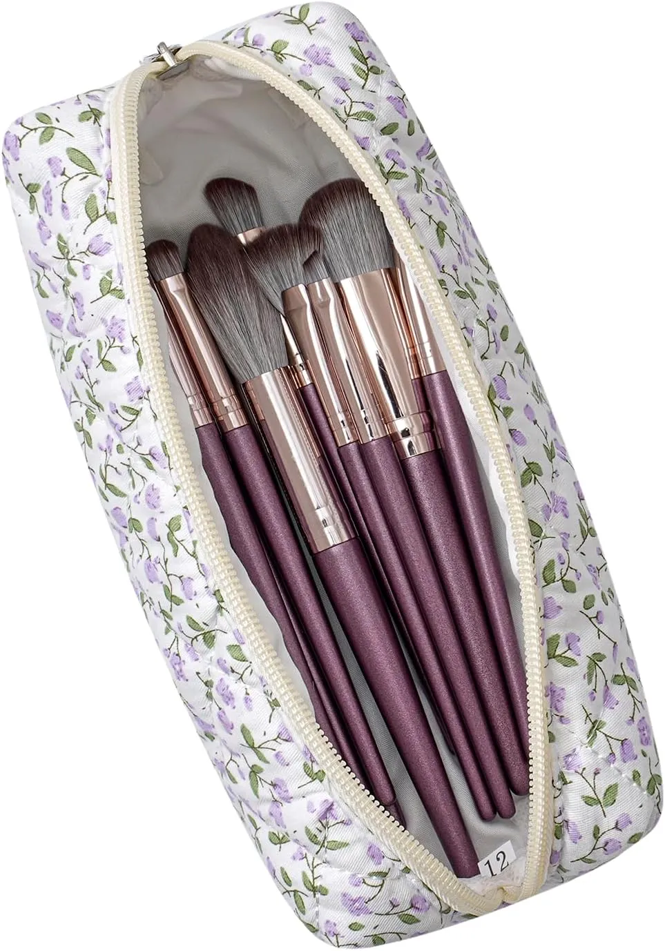 Cute Floral Cotton Makeup Brush Cosmetic Bag for Women, Travel Quilted Zipper Make Up Bag, Flowers Toiletry Organizer Case Kawaii Makeup Cosmetic Travel Cloth Pouch (Purple Floral)
