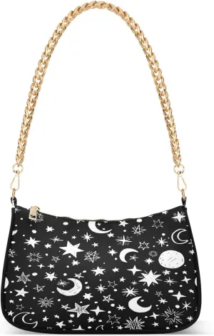Cute Stars Moon Shoulder Handbags for Women Travel Hobo Tote Handbag Women Gold Chain Shoulder Bags Purse with Zipper Closure