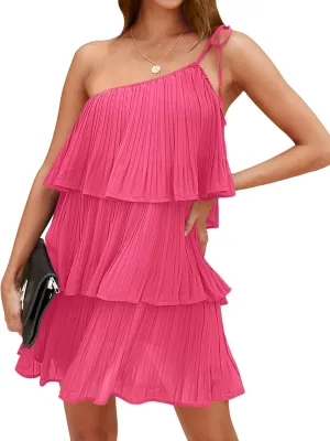 DEEP SELF Women's Summer One Shoulder Ruffle Mini Dress Casual Tiered Chiffon Pleated Flowy Short Dresses