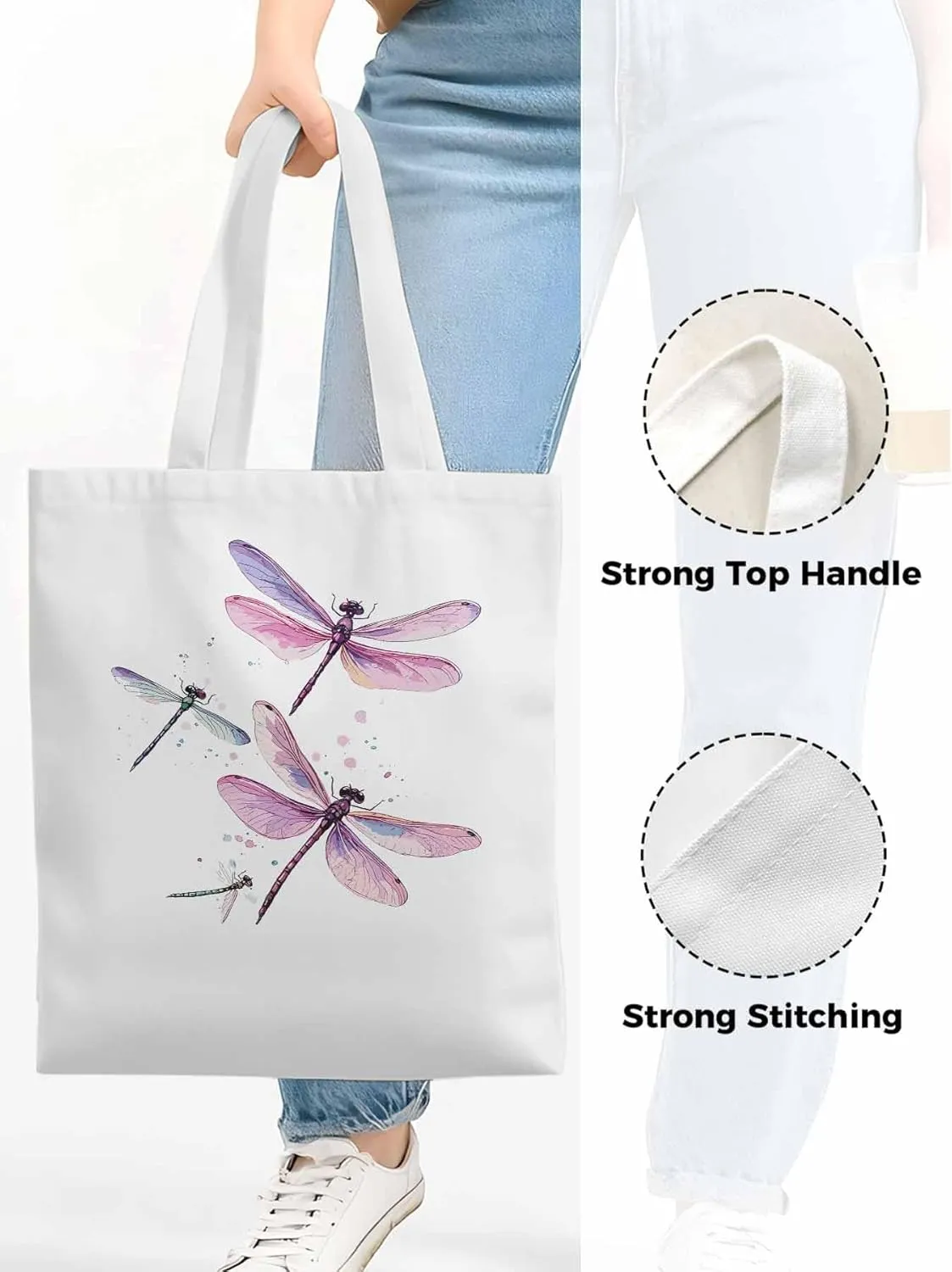 Dragonfly Stained Colorful Dots Canvas Tote Bag, Aesthetic Canvas Tote Handbags for Women Shoulder Bag