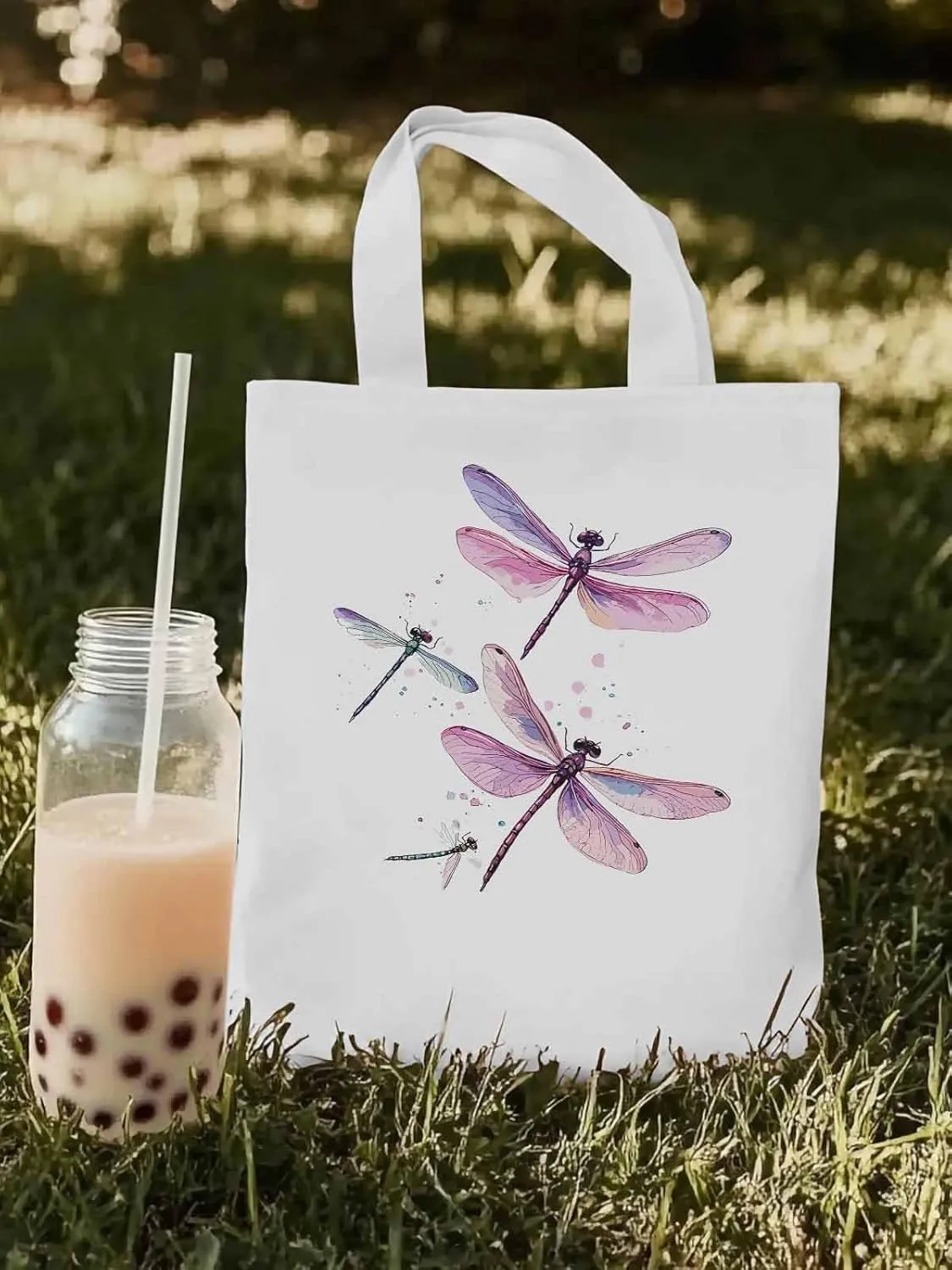 Dragonfly Stained Colorful Dots Canvas Tote Bag, Aesthetic Canvas Tote Handbags for Women Shoulder Bag